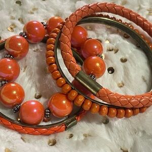 Vibrant Orange Beaded and Braided Bracelet Set